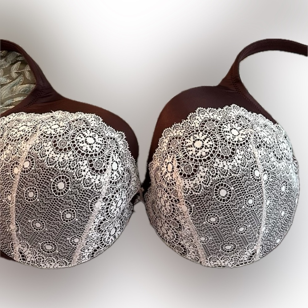Cacique Burgundy and Ivory Lace Full Coverage Underwire Bra 42D